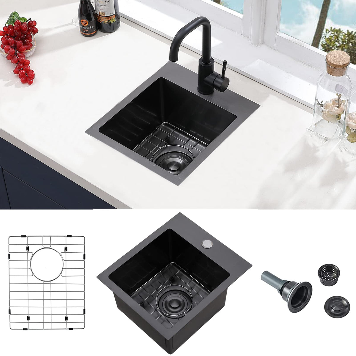 VC CUCINE Gunmetal Bar Sink exterior view shows durable finish for outdoor and RV kitchens.