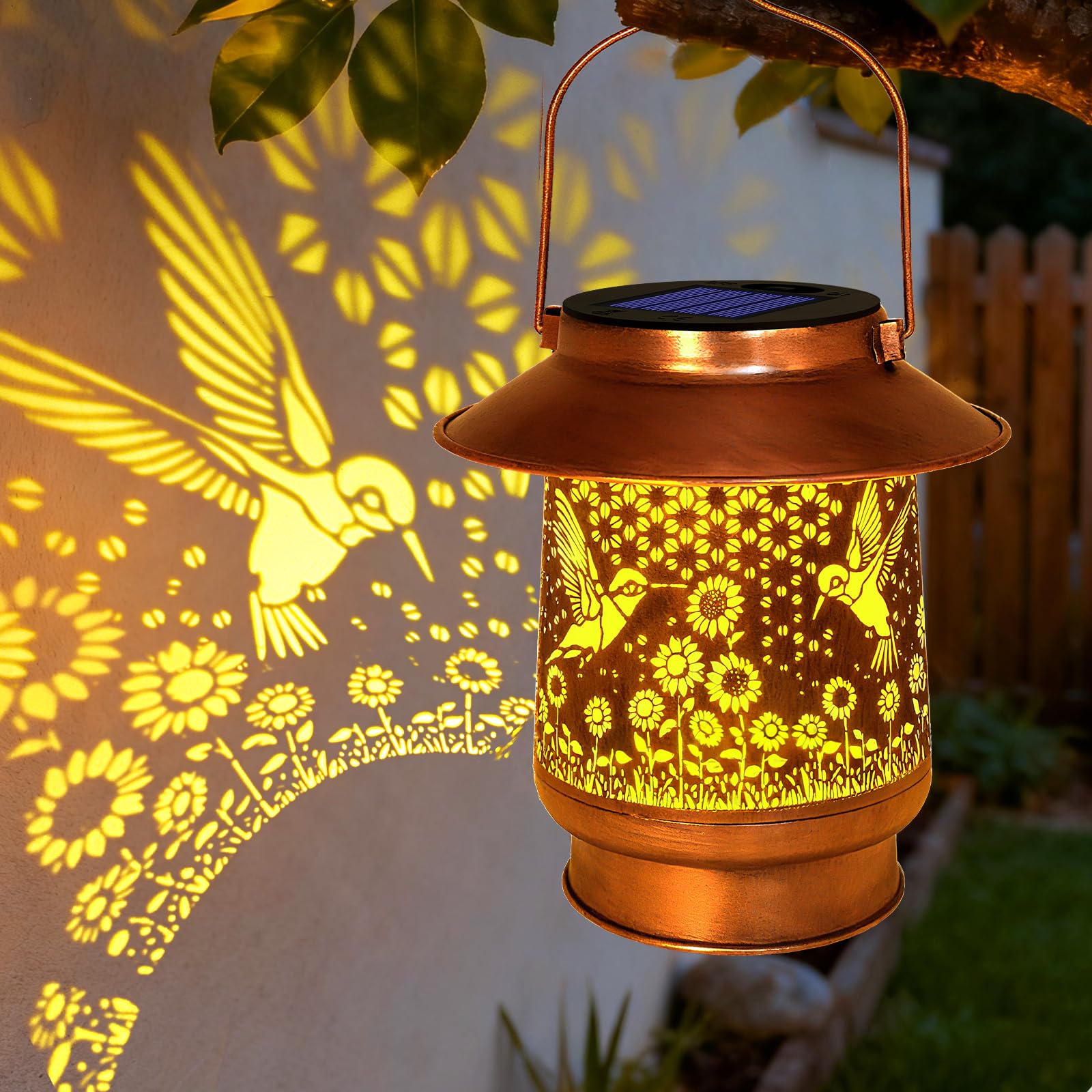 Vcdsoy hummingbird solar lantern on patio glows warmly for evenings.