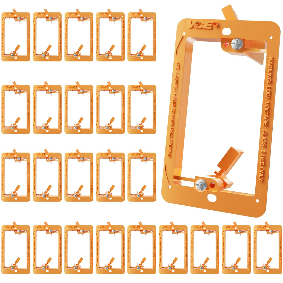 VCE low voltage bracket orange front view for tidy flush installation