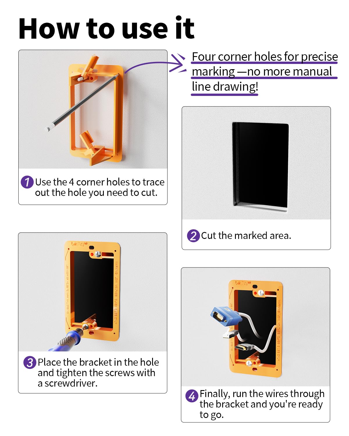 Cut-out pattern guide aids precise in-wall mounting with VCE orange bracket