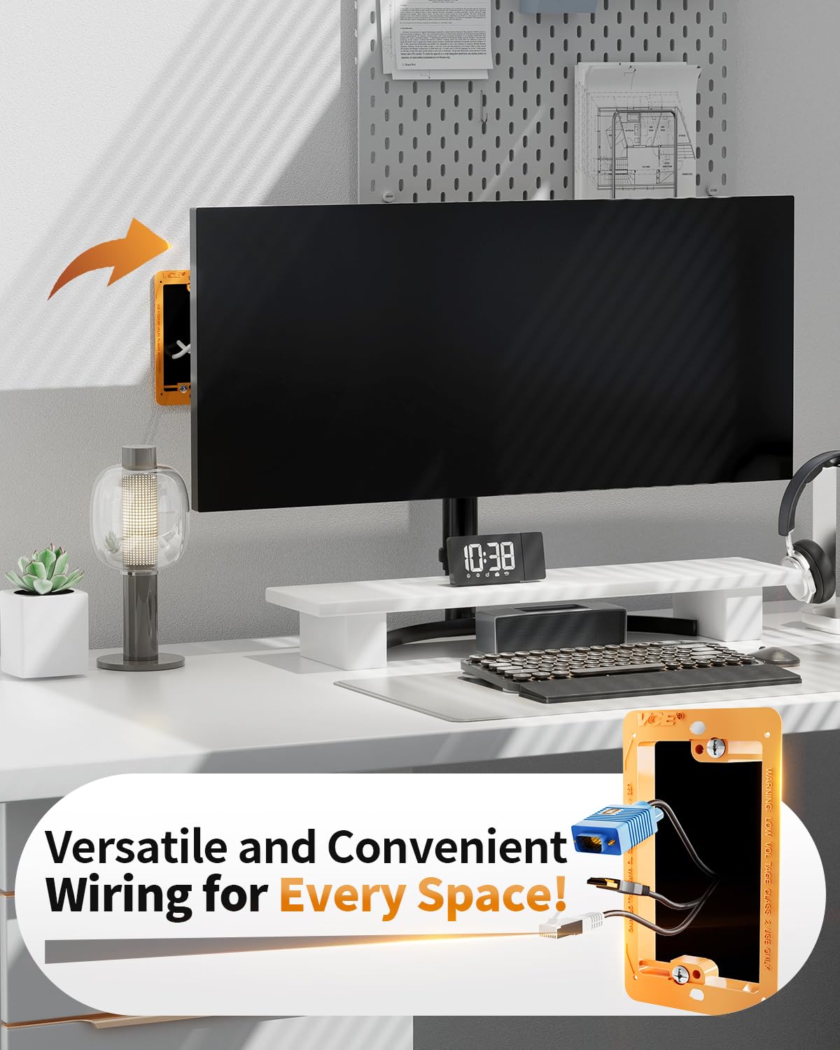 VCE flush-mount orange wall plate 25-pack viewed from back for cable management