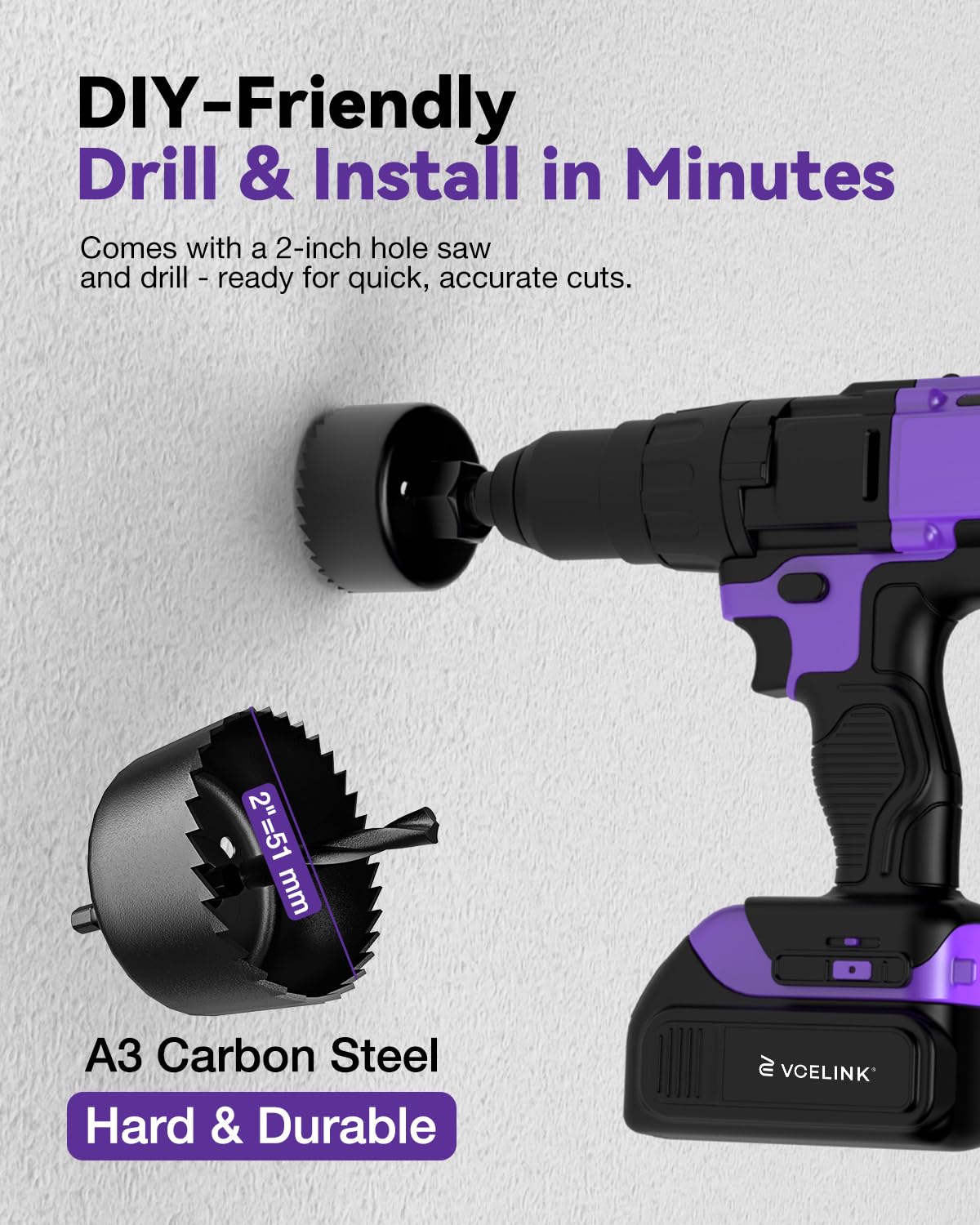 VCELINK hole saw attachment enabling quick, precise drywall cuts
