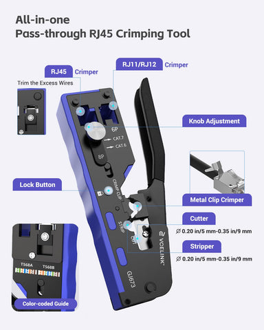 VCELINK RJ45 Crimp Tool Kit cable tester shows quick status indicators.