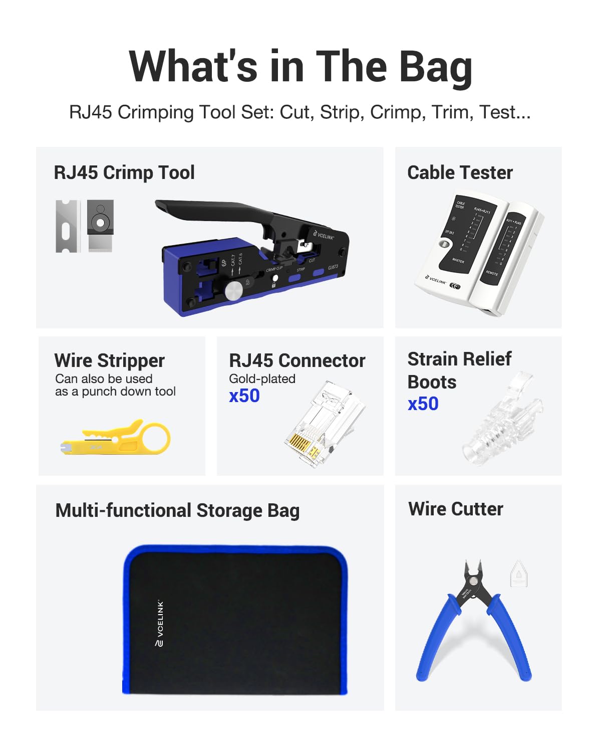 VCELINK RJ45 Crimp Tool Kit crimper for precise terminations with adjustable plate.