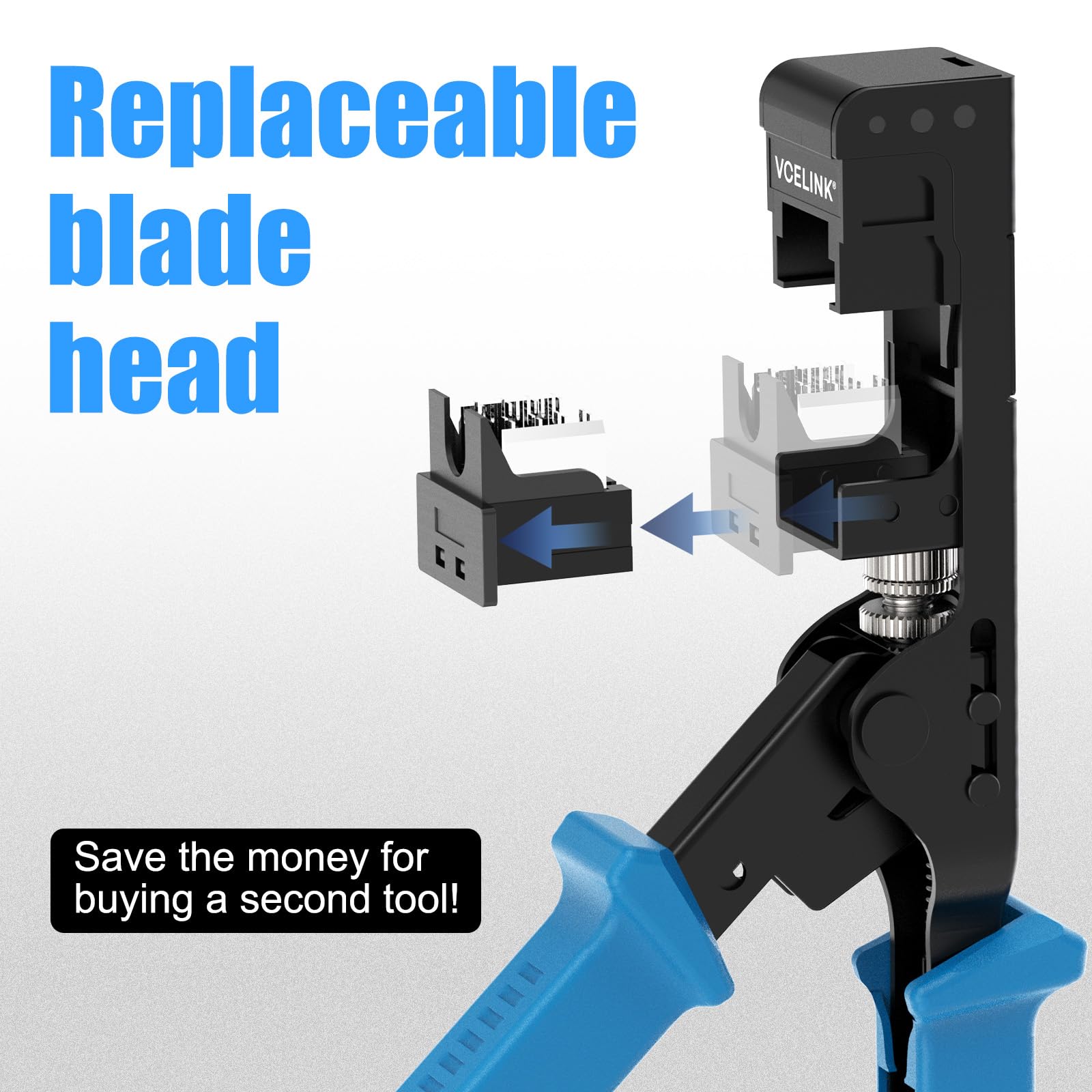 VCELINK Speed Termination Tool replaceable blade head extending tool life.