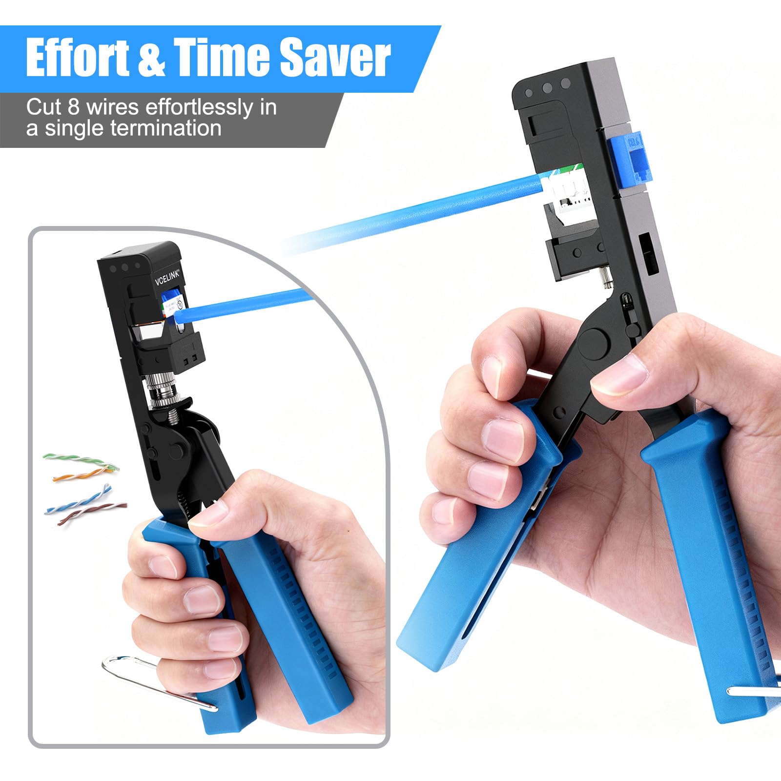 VCELINK Speed Termination Tool beside side-by-side keystone jacks for tight installs.