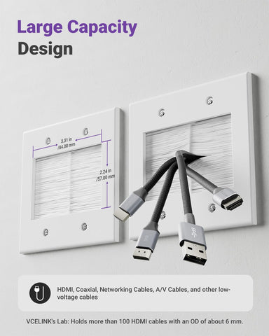 VCELINK wall plate close-up showing brush seal blocks dust while cables stay accessible.
