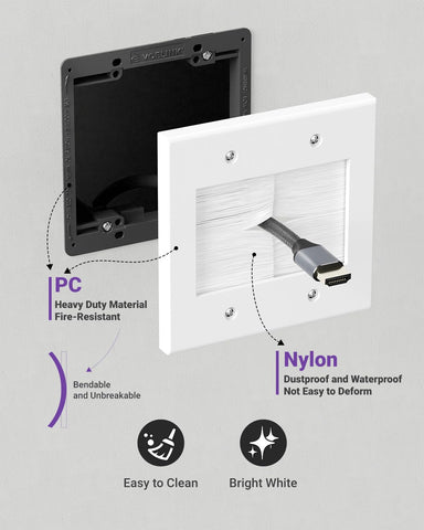 VCELINK wall plate wide opening accommodates multiple cables for versatile setups.