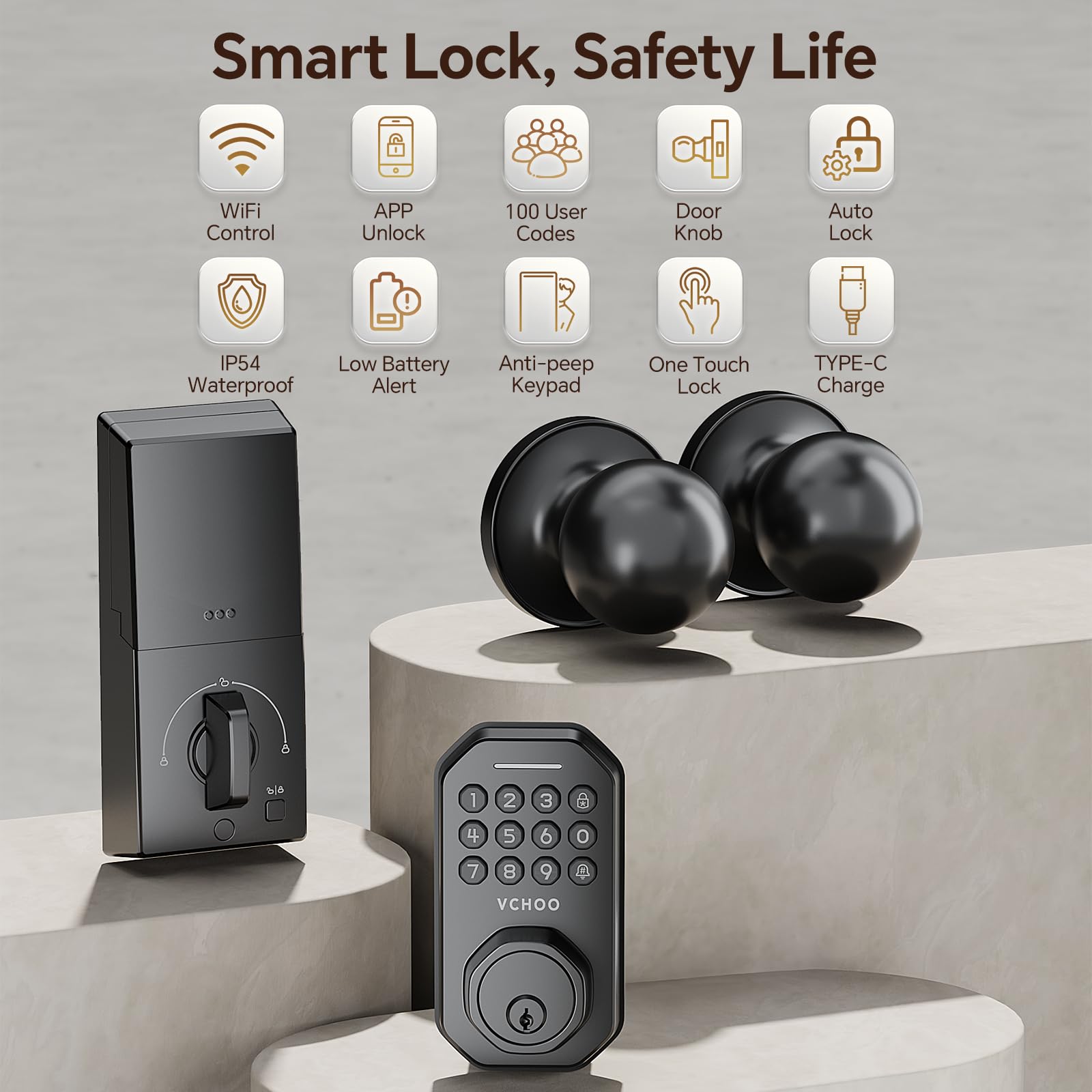 VCHOO app-control front door lock dashboard enables easy password management.