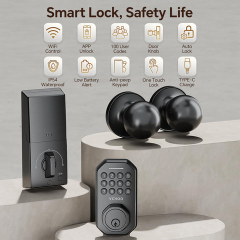 VCHOO app-control front door lock dashboard enables easy password management.