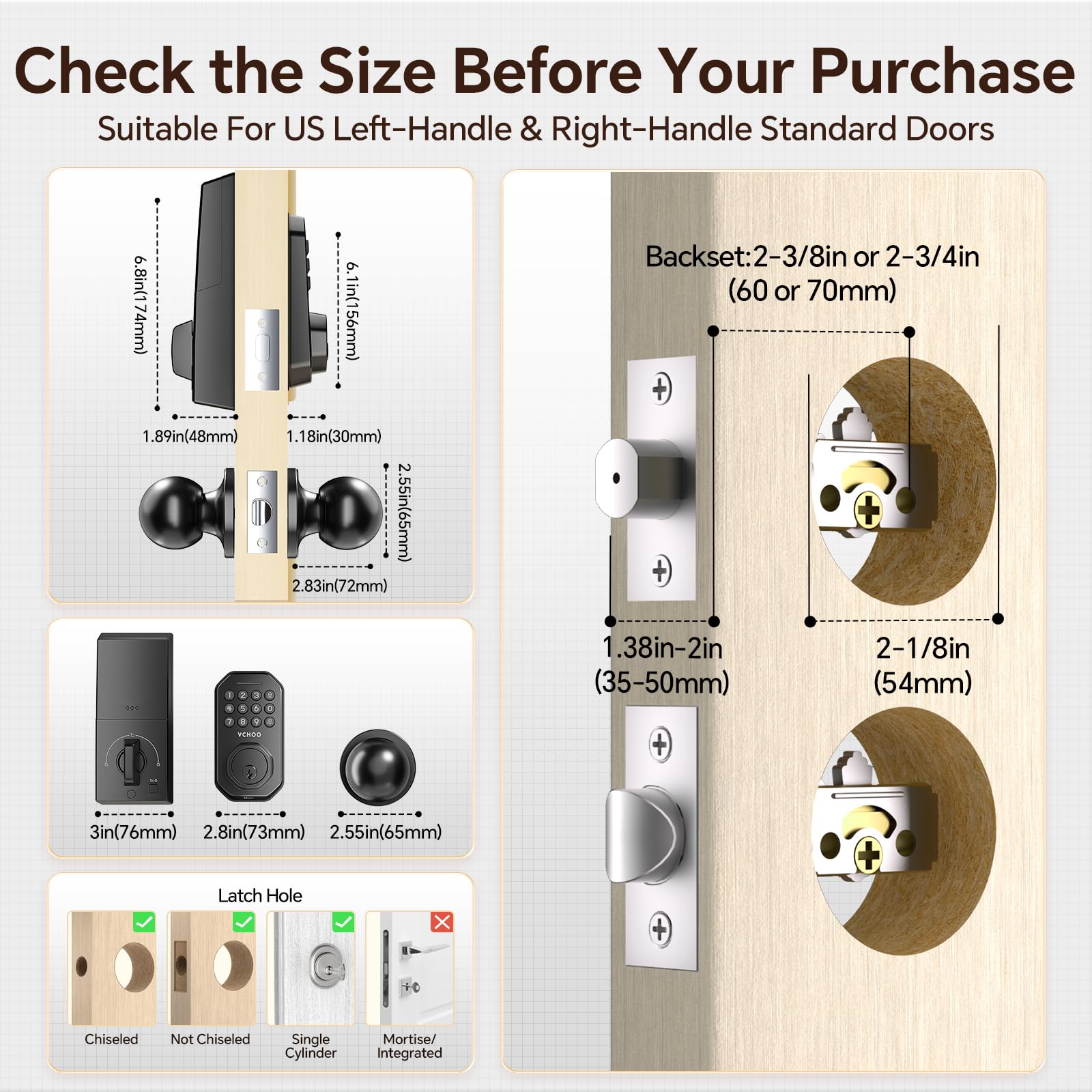 VCHOO durable door thickness range fits most standard doors for versatile installation.