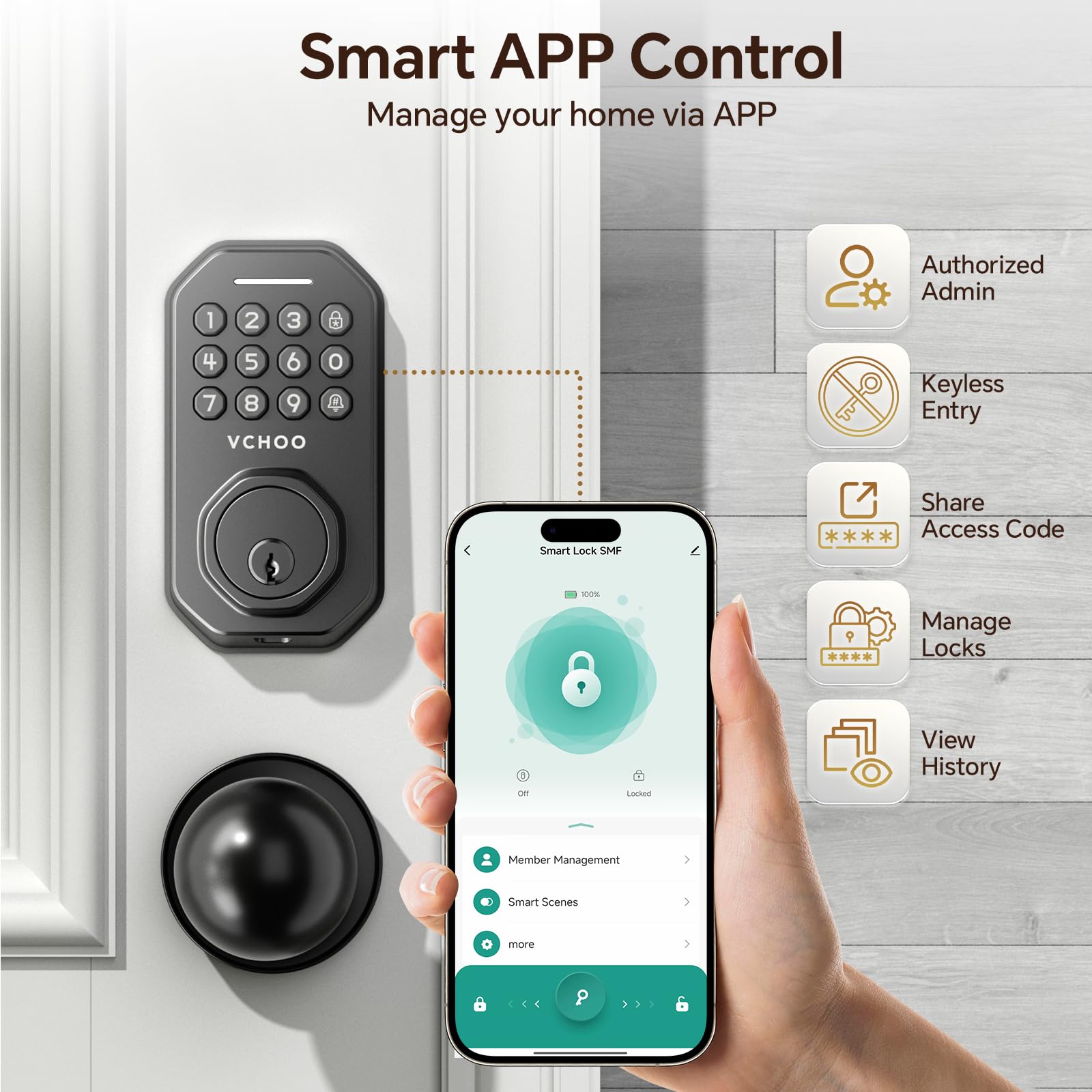 VCHOO emergency Type-C charging feature offers backup unlock option during power issues.