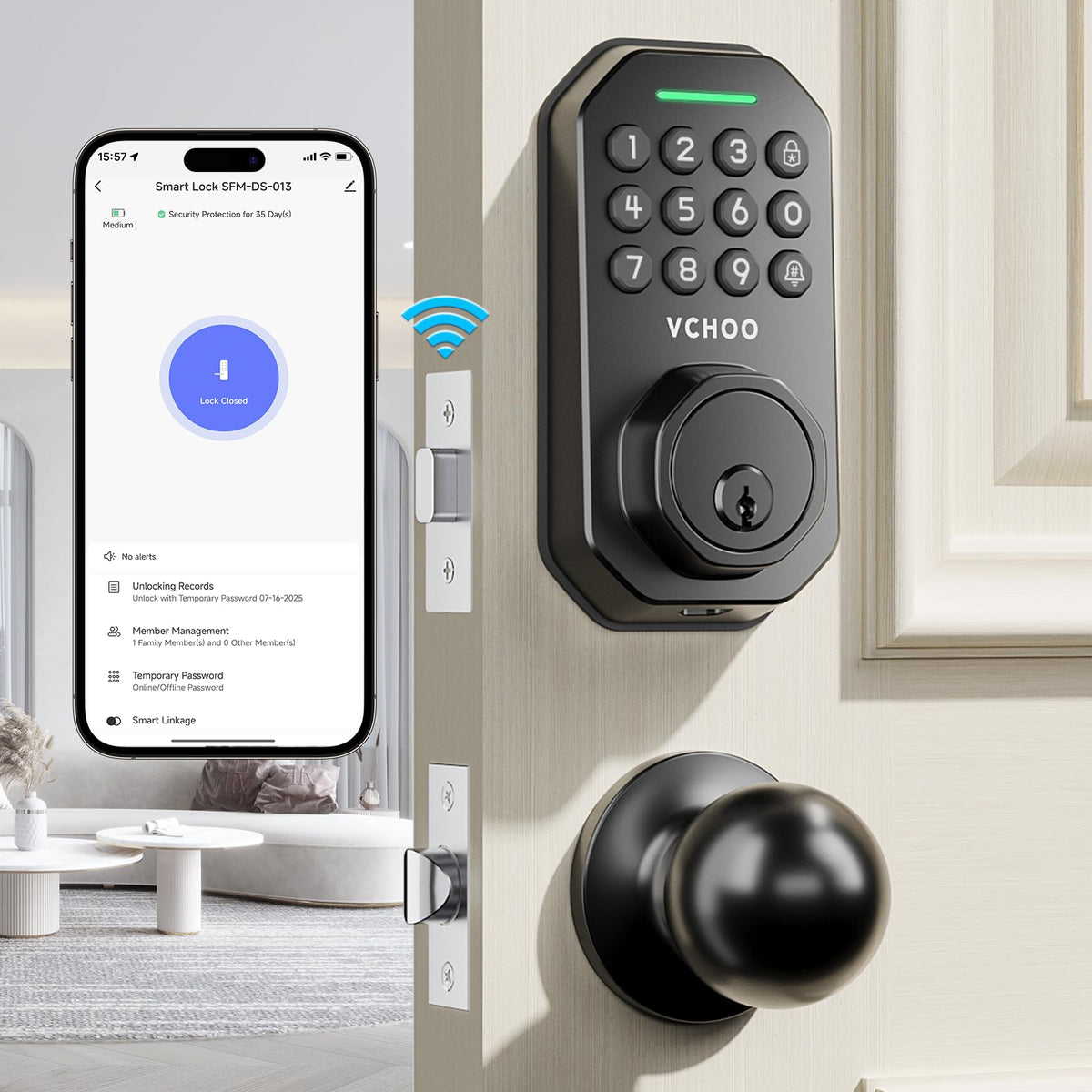 VCHOO keyless entry lock with WiFi control for convenient front-door access.