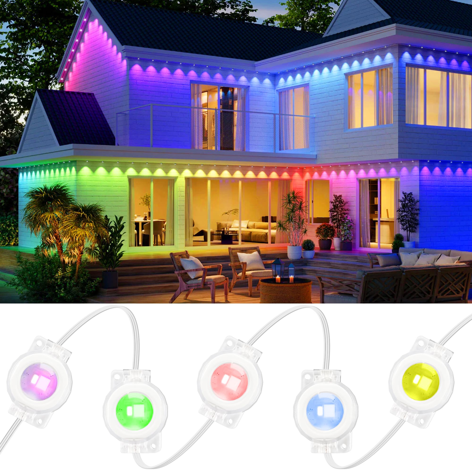 VCOKEN permanent outdoor lights installed along the eave for a clean 111ft outline and evening ambiance