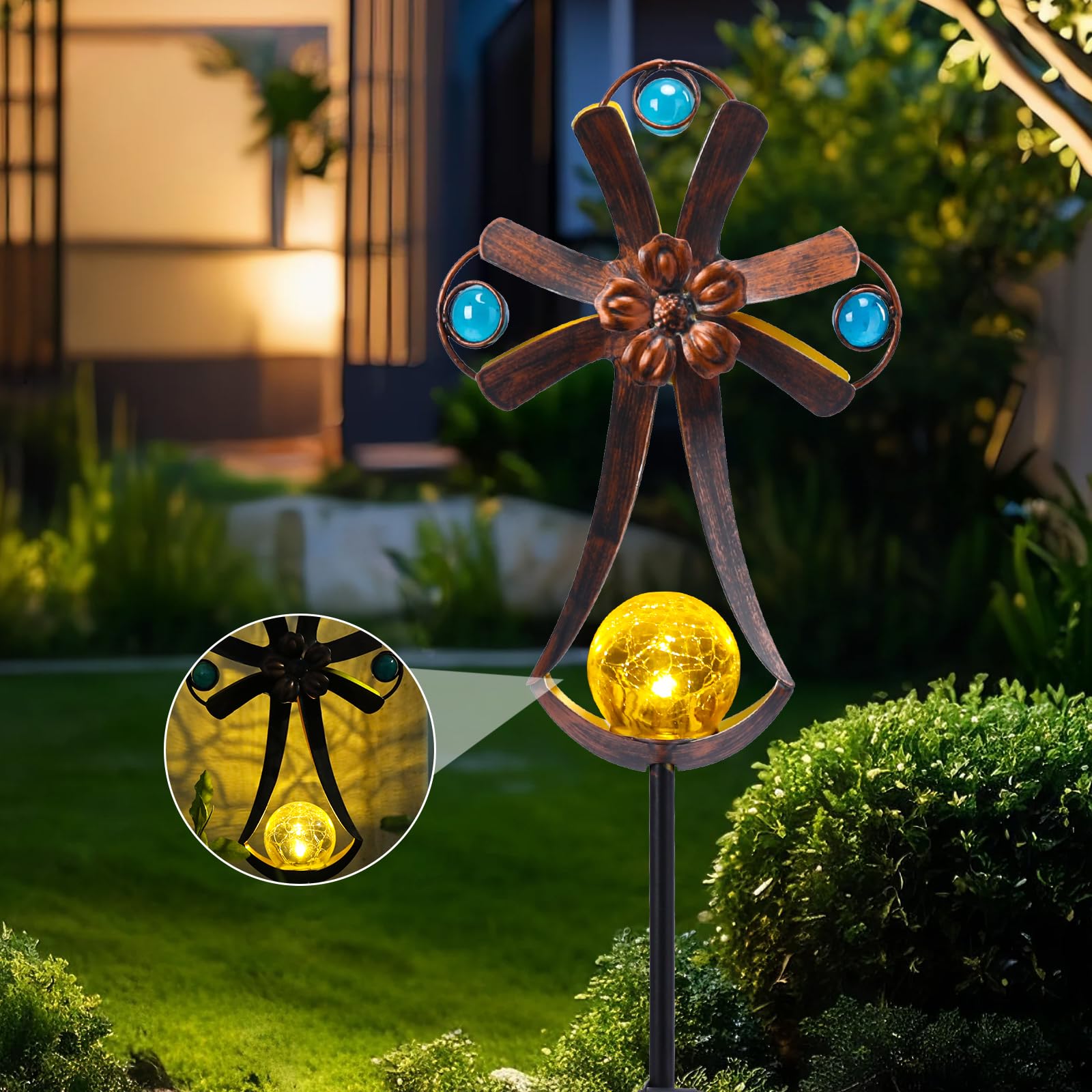 VCUTEKA solar garden light with cracked crystal ball lights walkways at night