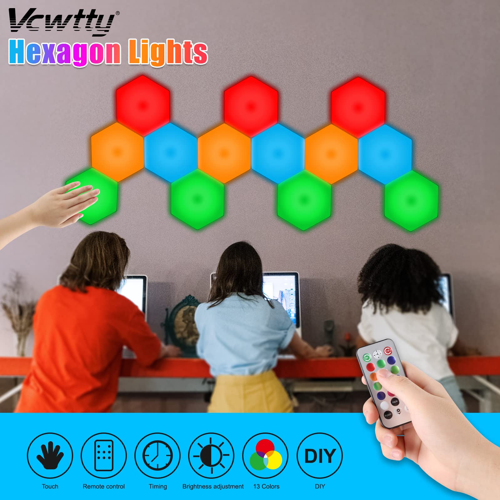 Vcwtty hexagon lights vibrant color spectrum across panels.