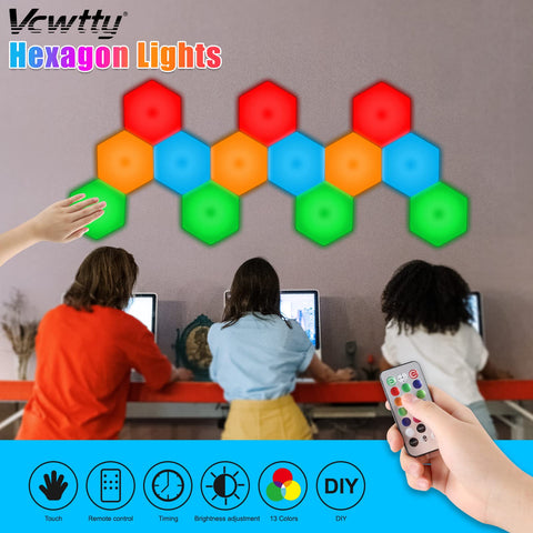 Vcwtty hexagon lights vibrant color spectrum across panels.