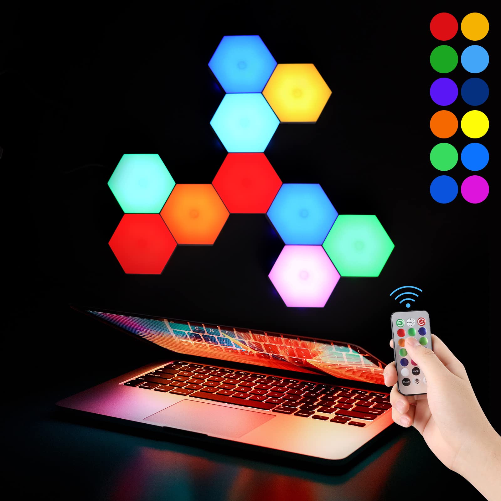 Vcwtty hexagon lights remote control for effortless color and brightness adjustments from your sofa.