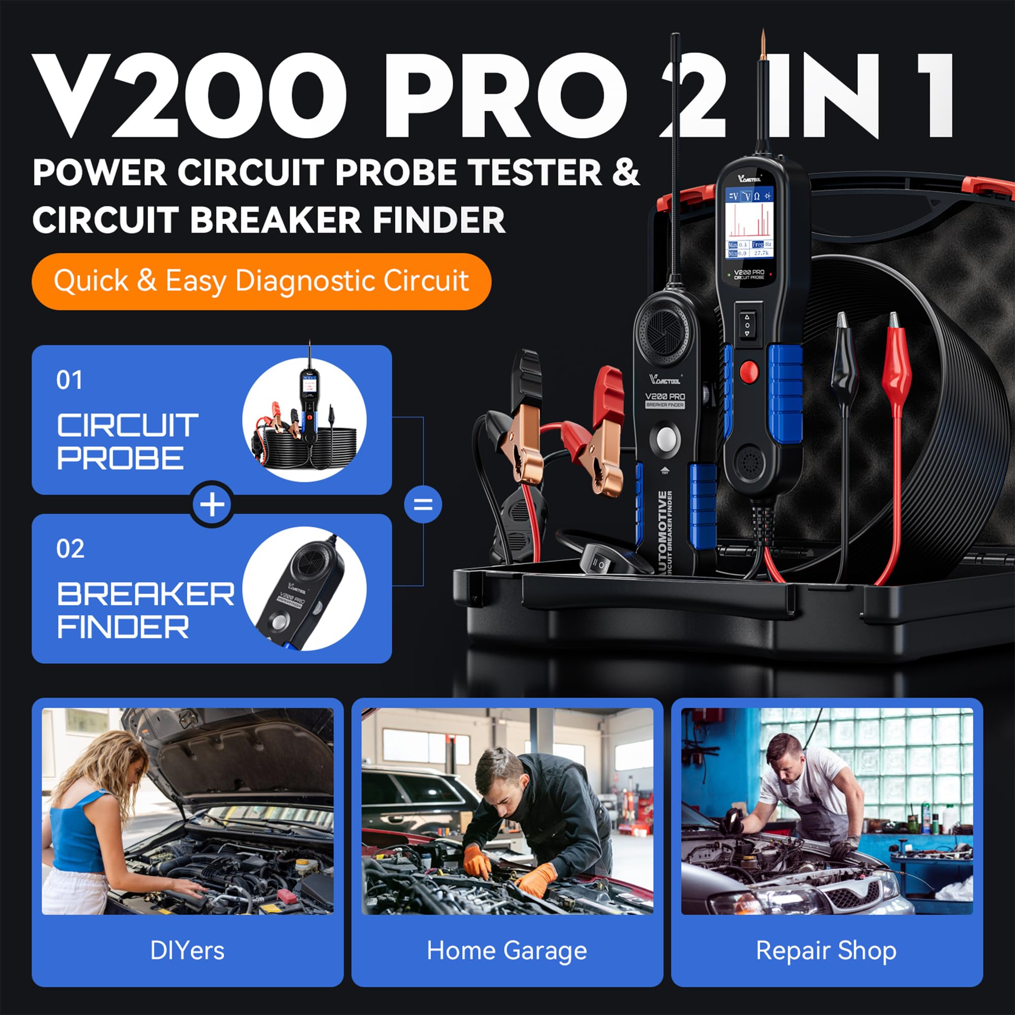 VDIAGTOOL V200 Pro in mode I displays live 12V/24V testing for quick checks