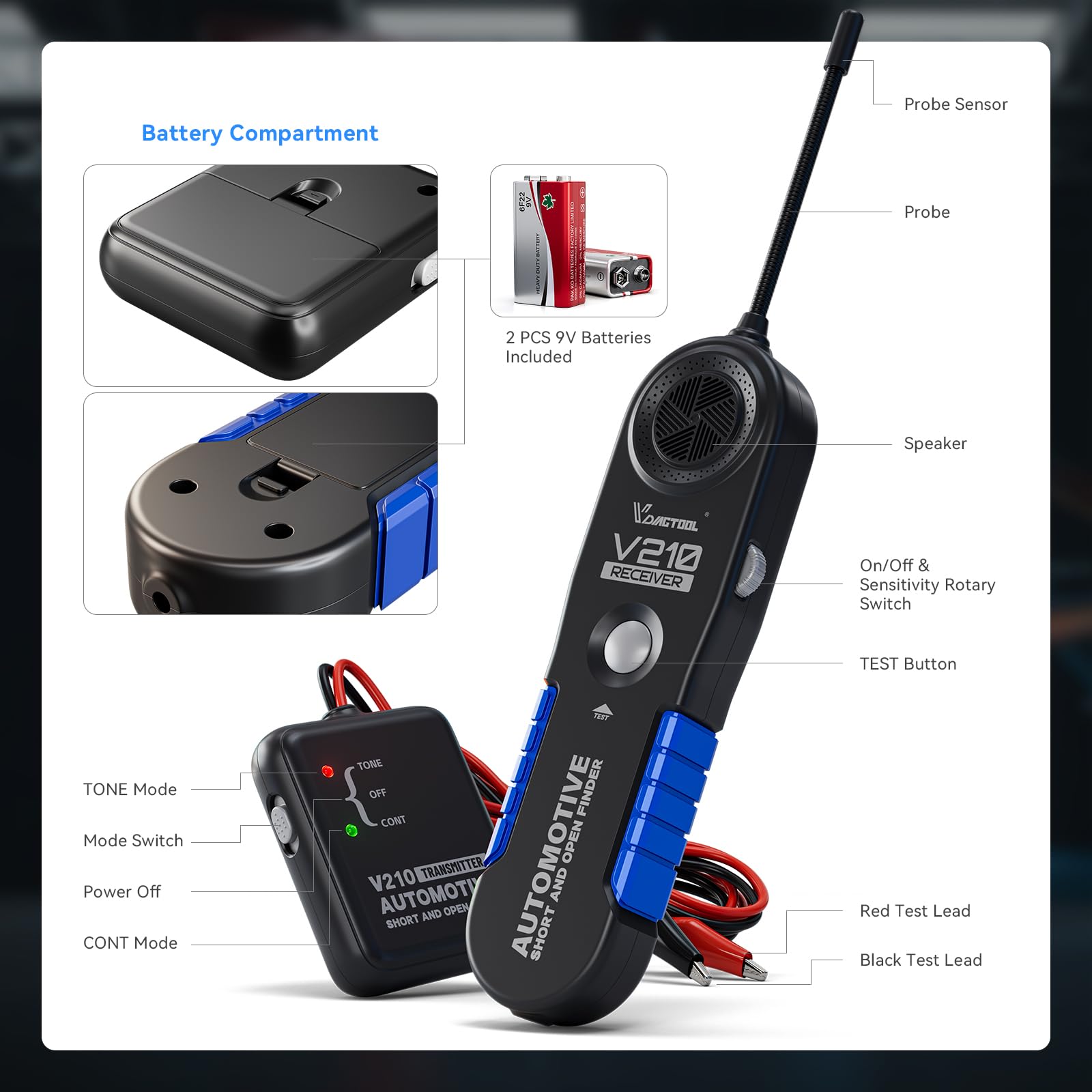 Buzzer signal on the V210 receiver aids quick fault pinpointing