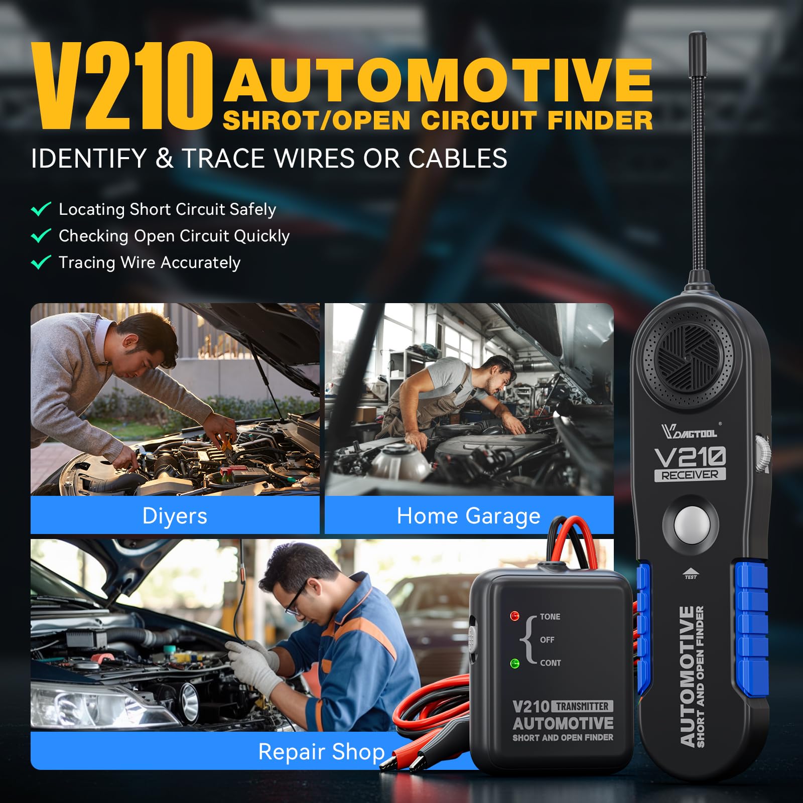 VDIAGTOOL V210 receiver confirms open or short conditions with audible feedback