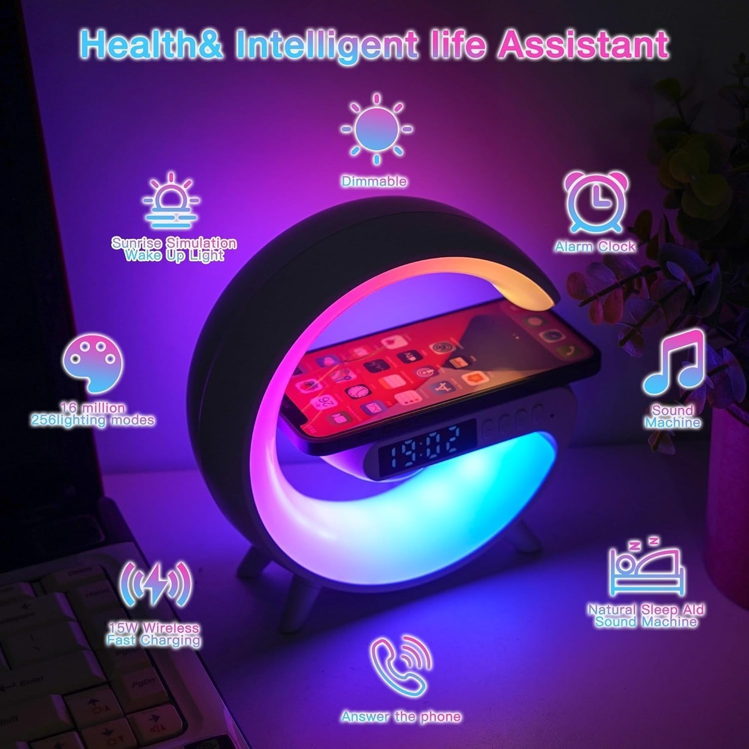 VDZZ lamp with wireless charging area delivering 15W fast charge at bedside