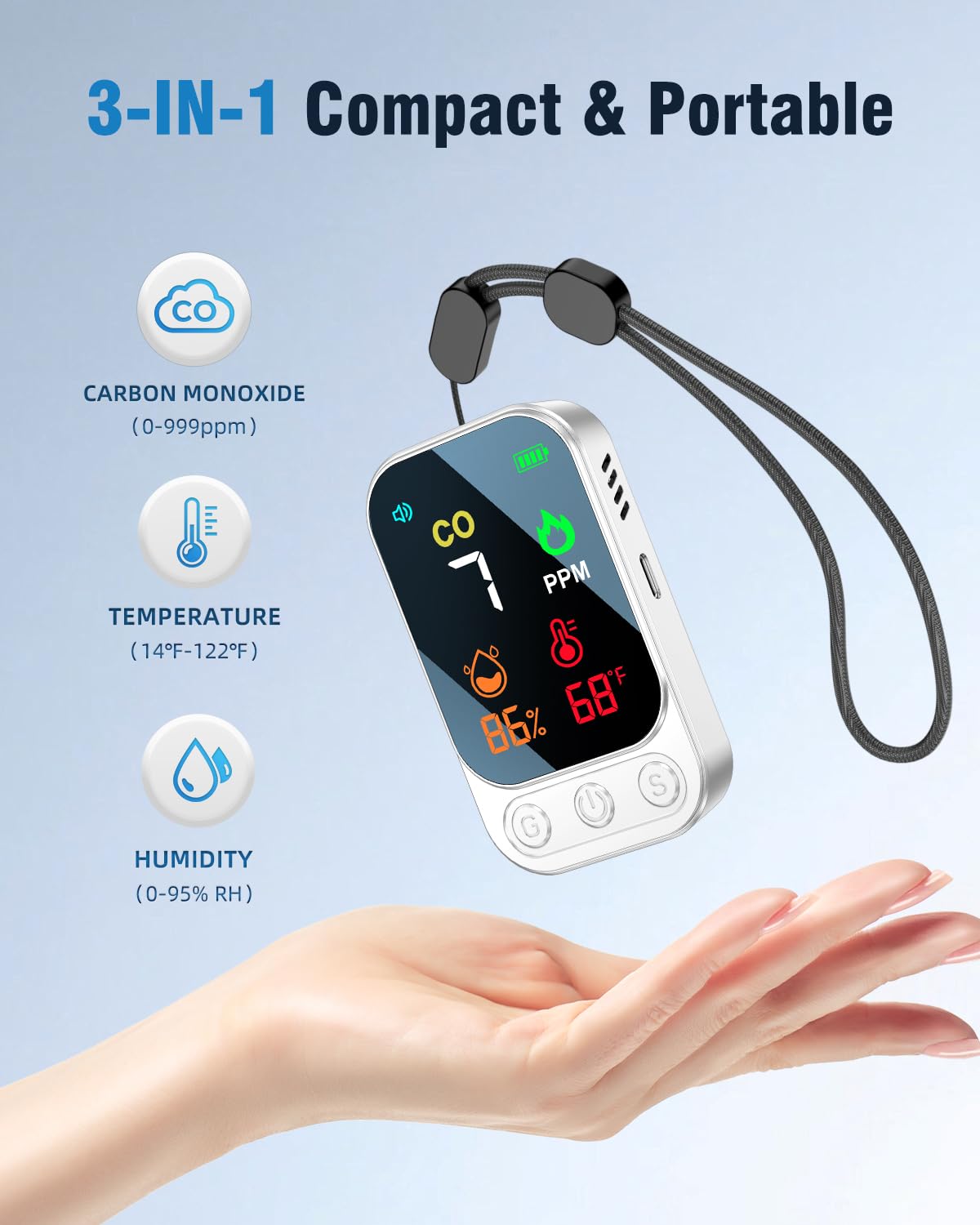 VEAOC detector with hanging lanyard used outdoors and indoors for flexible placement.