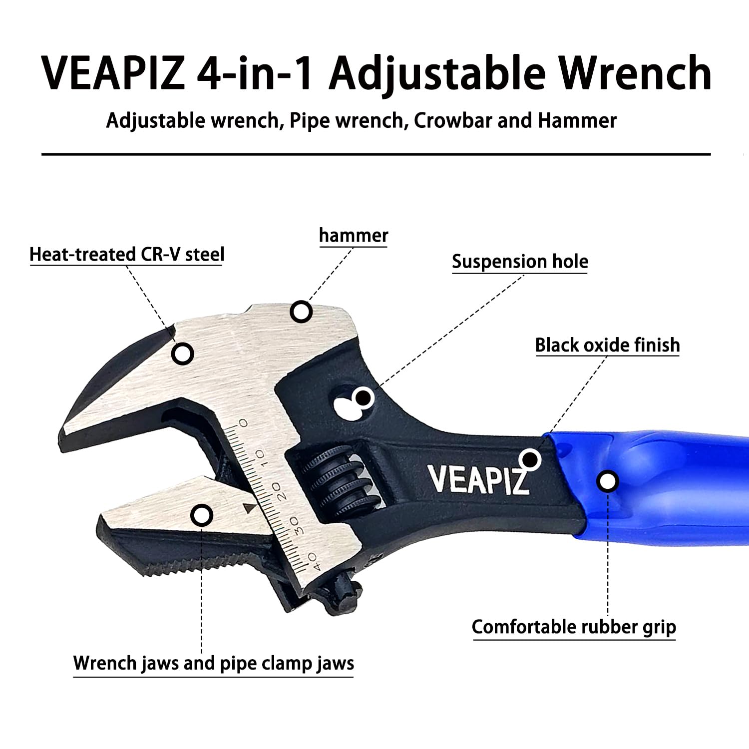 VEAPIZ 10 inch wrench close-up with smooth jaw for precise fastening