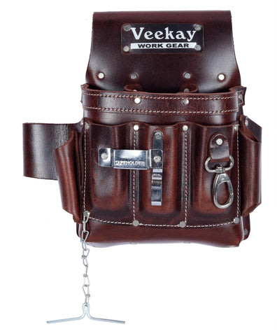 VEEKAY 10-pocket electrician pouch in brown leather, organized tool storage on site