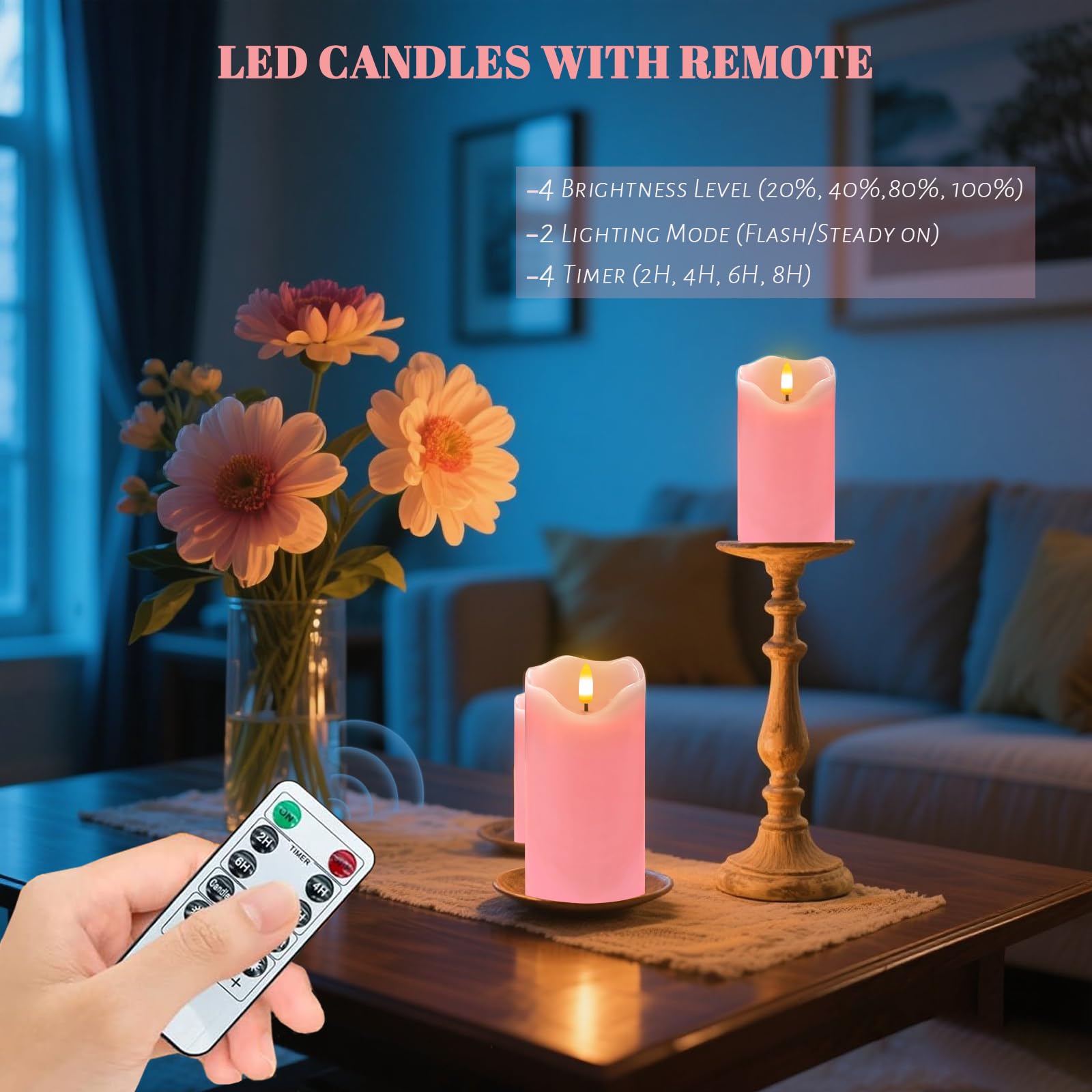 VEEKI pink 6x3 inch LED pillar candle with realistic wax texture.