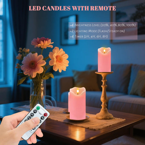 VEEKI pink 6x3 inch LED pillar candle with realistic wax texture.