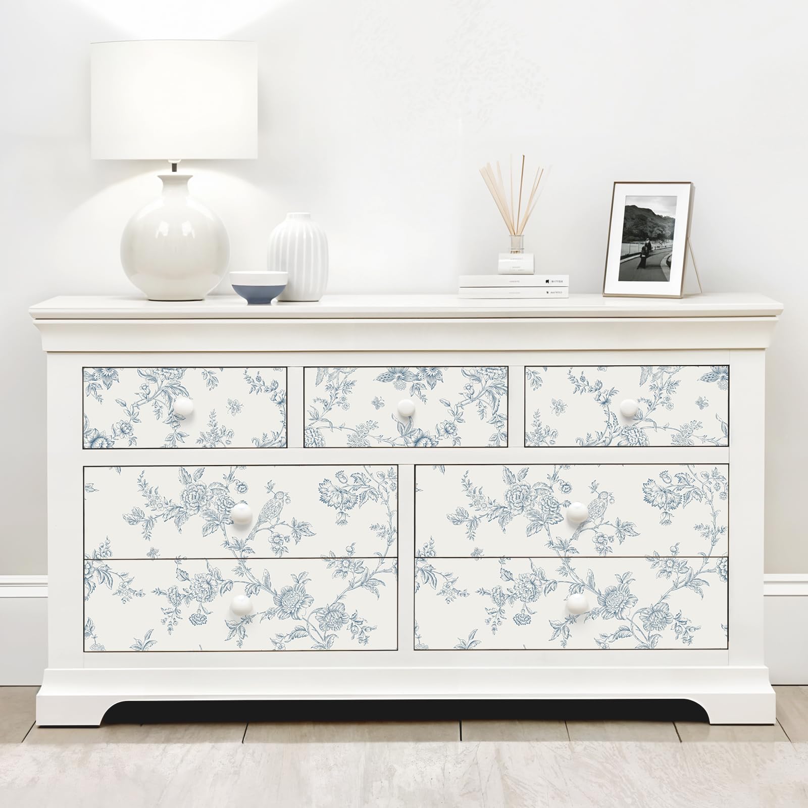 Bedroom setup showing VEELIKE wallpaper on walls and cabinets for cohesive decor.