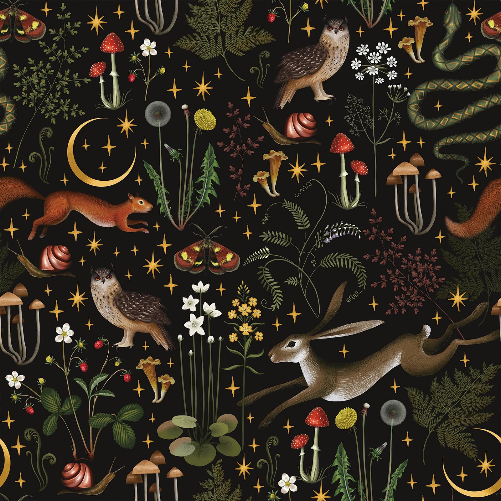 VEELIKE Black Fairy Forest wallpaper roll adds cozy woodland charm to any space.