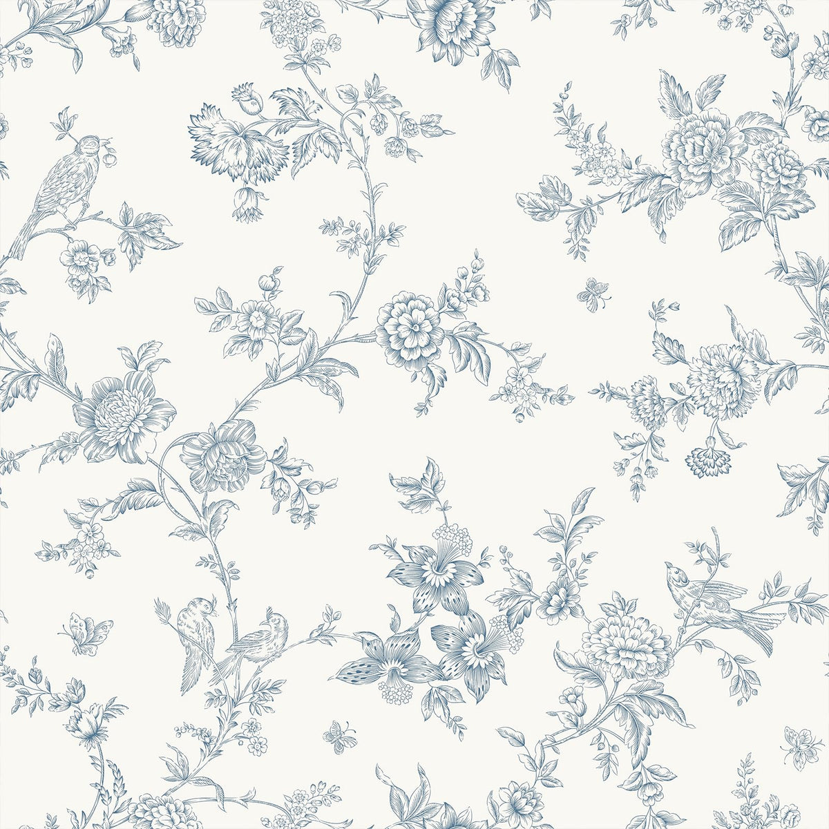 VEELIKE Cottage Blue Toile wallpaper roll shows vintage birds and florals for a tranquil accent wall.