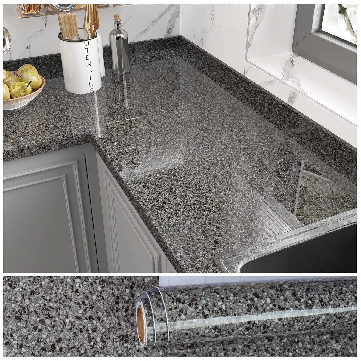 VEELIKE dark granite countertop wrap adds a sleek, durable surface for kitchens.