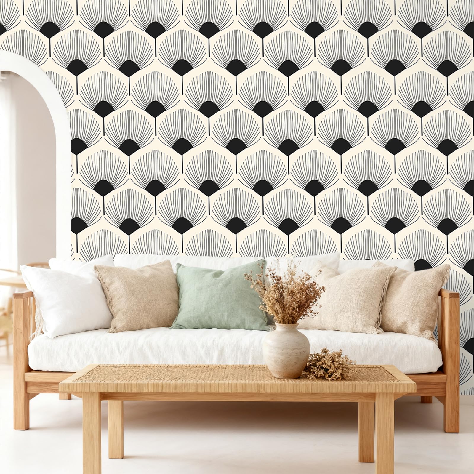 VEELIKE geometric wallpaper beige and black fan pattern shown in a living room setting
