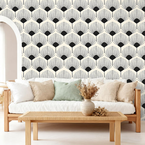 VEELIKE geometric wallpaper beige and black fan pattern shown in a living room setting