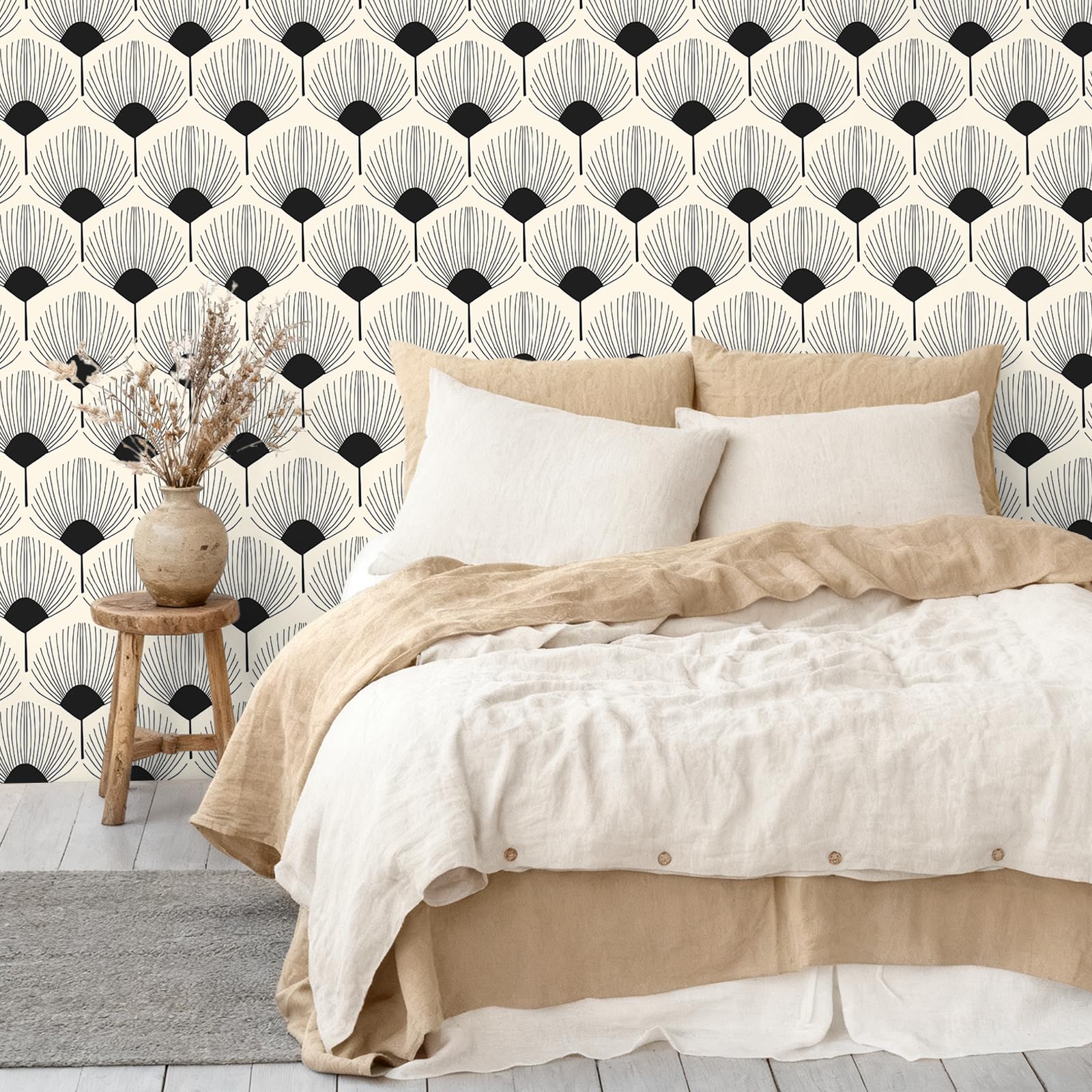 VEELIKE beige black fan motif wallpaper decorates a bathroom backdrop