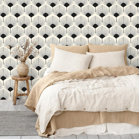 VEELIKE beige black fan motif wallpaper decorates a bathroom backdrop