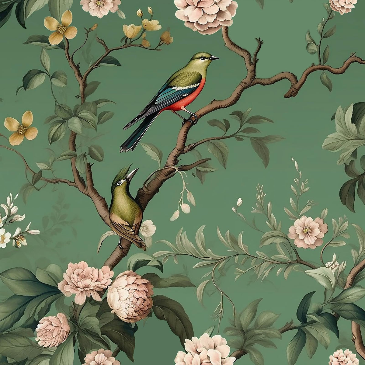 VEELIKE green floral peel-and-stick wallpaper with bird motif for quick decorating