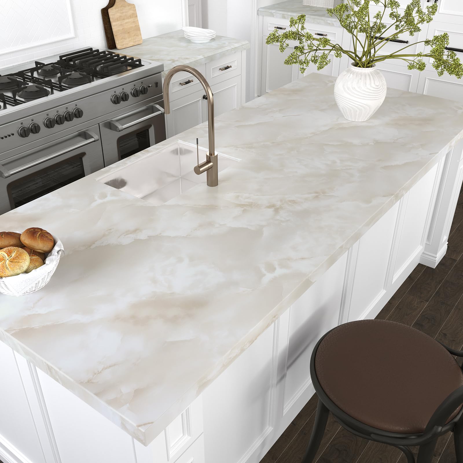 VEELIKE cream marble countertop wallpaper showing waterproof and oil‑proof protection.