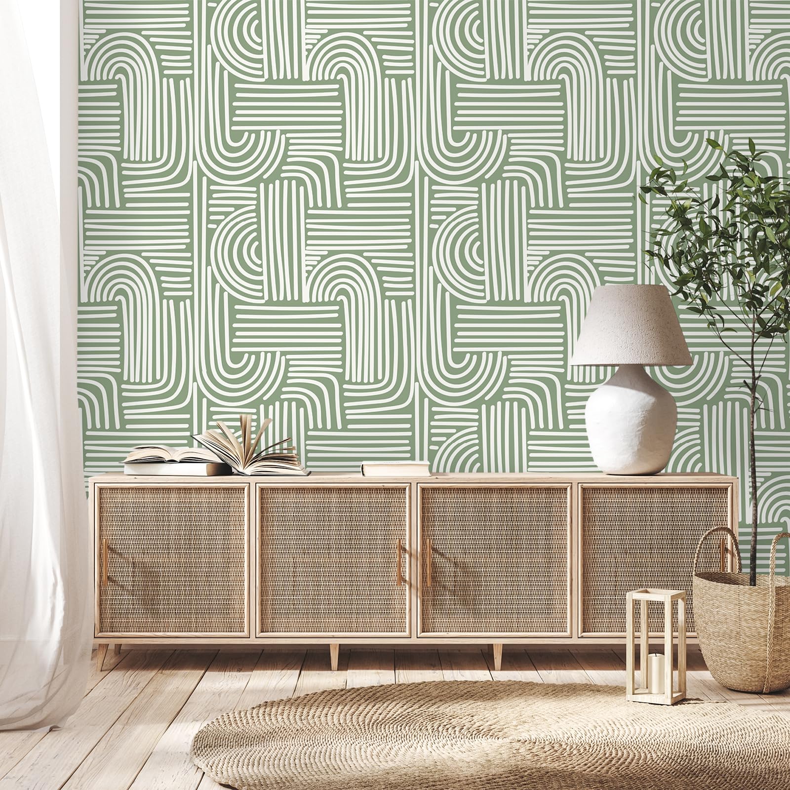 VEELIKE Sage Green Geometric wallpaper shows easy peel-and-stick installation