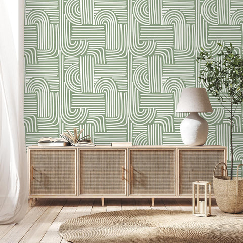 VEELIKE Sage Green Geometric wallpaper shows easy peel-and-stick installation