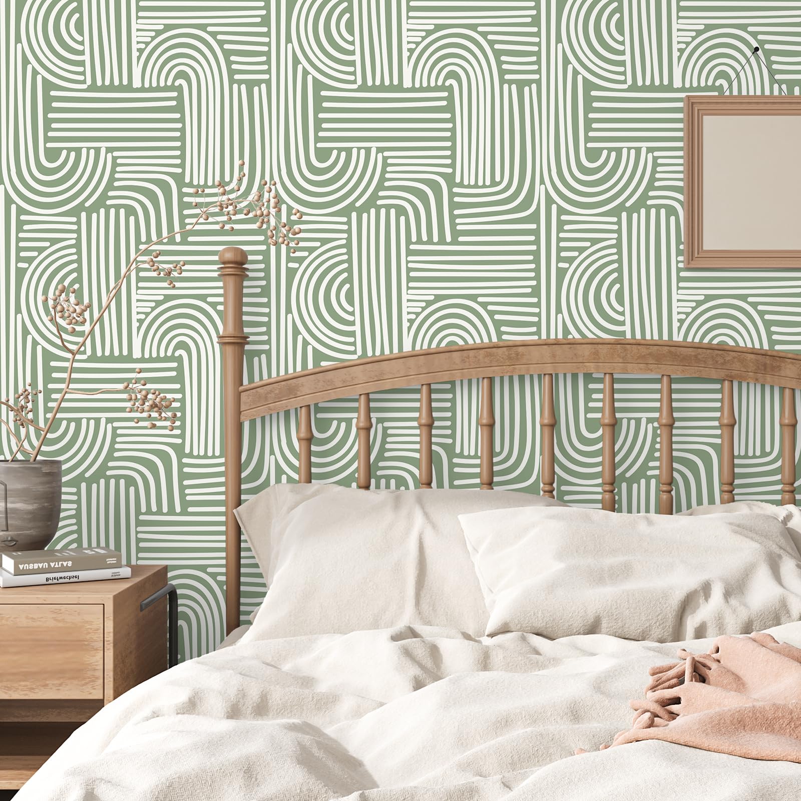VEELIKE Sage Green Geometric wallpaper in bathroom scene for a fresh look