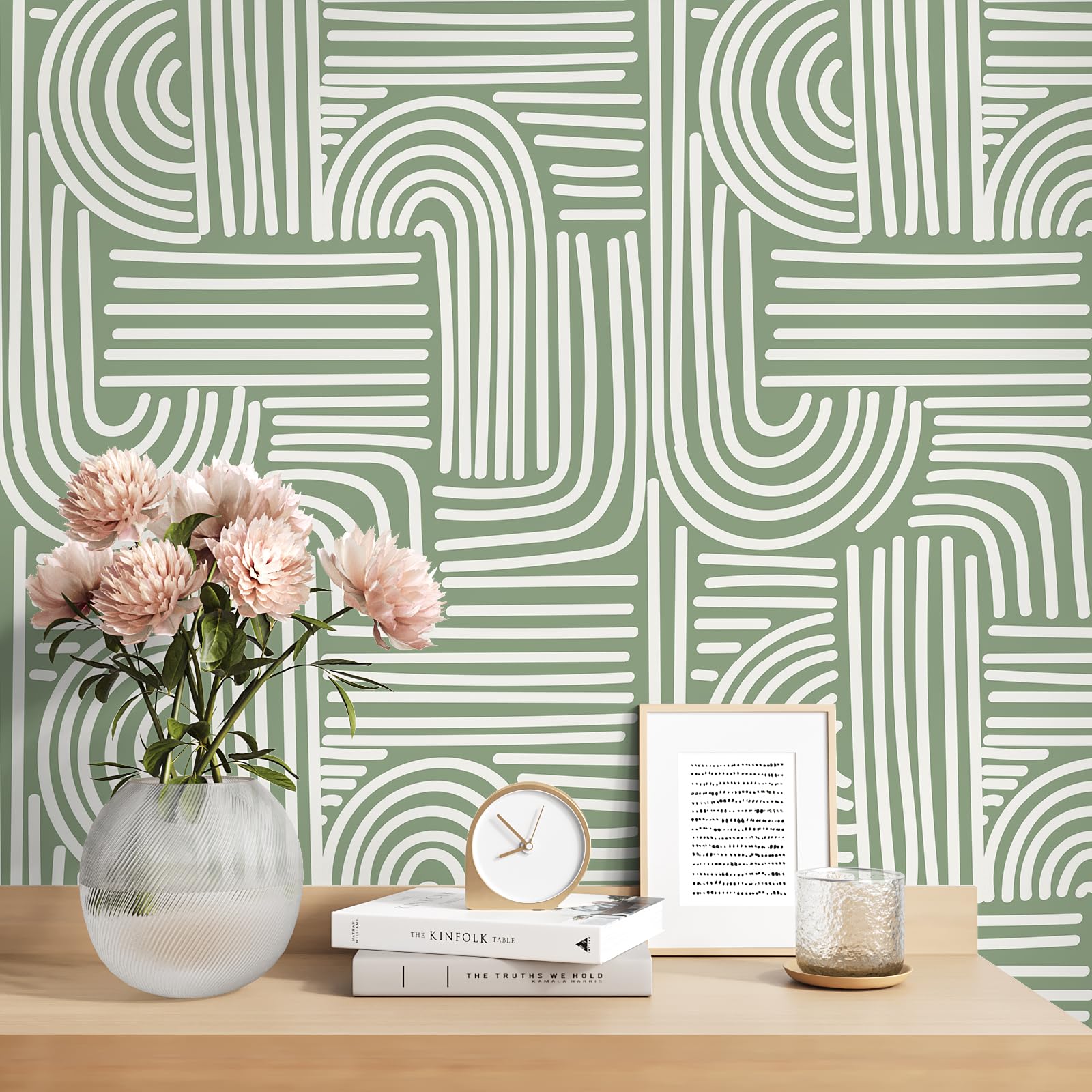 VEELIKE Sage Green Geometric wallpaper on cabinets updates storage with style