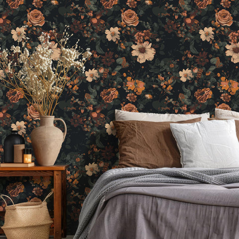 MOODY floral pattern on durable vinyl wallpaper with tear-resistant coverage by VEELIKE.