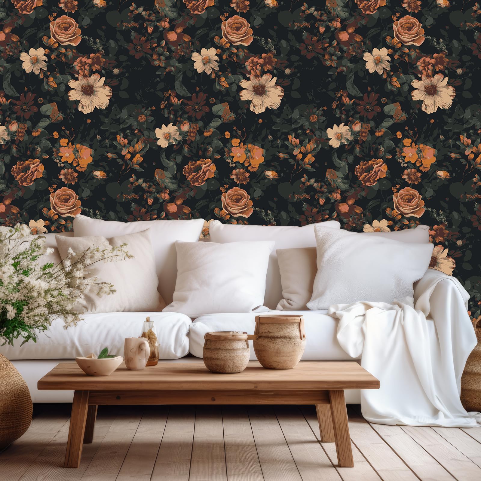 Close-up of watercolor daisies on a dark background by VEELIKE for refined decor.