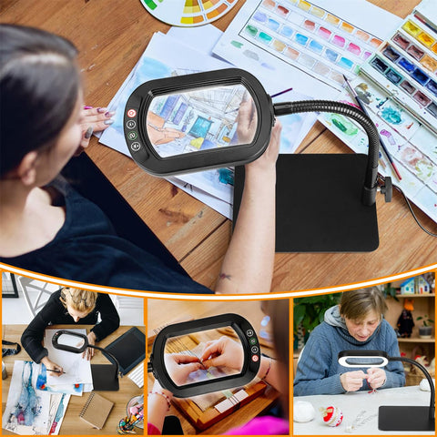 Veemagni desk magnifier in use for reading and crafts