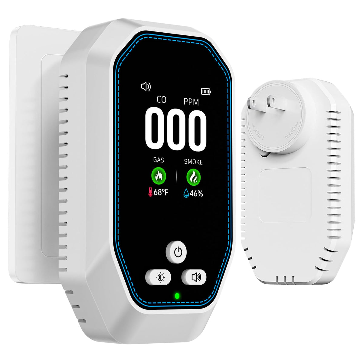 Veevvio 5-in-1 detector shows CO, smoke, gas and climate readings on the LCD screen for real-time awareness.