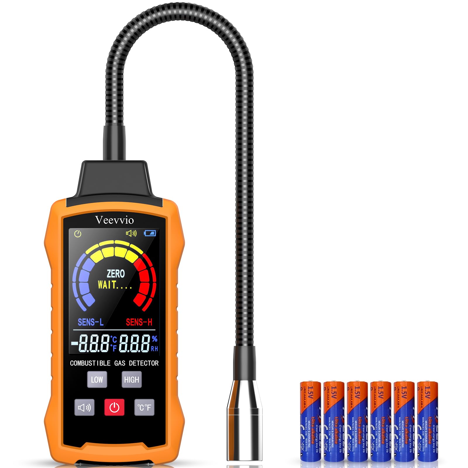 Veevvio natural gas leak detector with 11-inch gooseneck reaches tight spaces.
